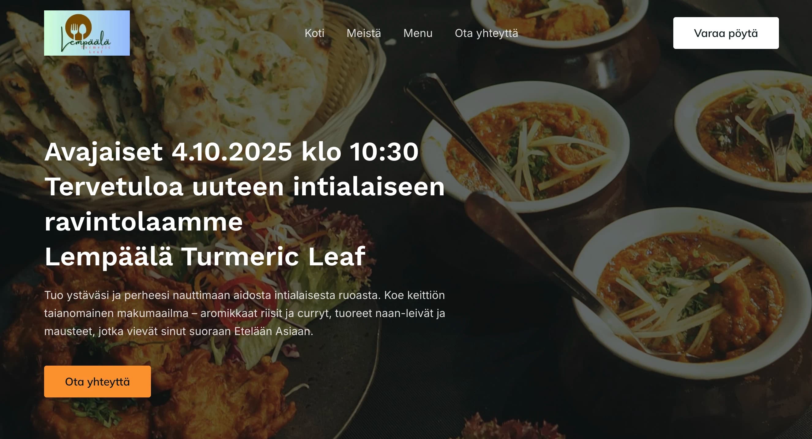 Lempäälä Turmeric Leaf -ravintolan verkkosivuston etusivu